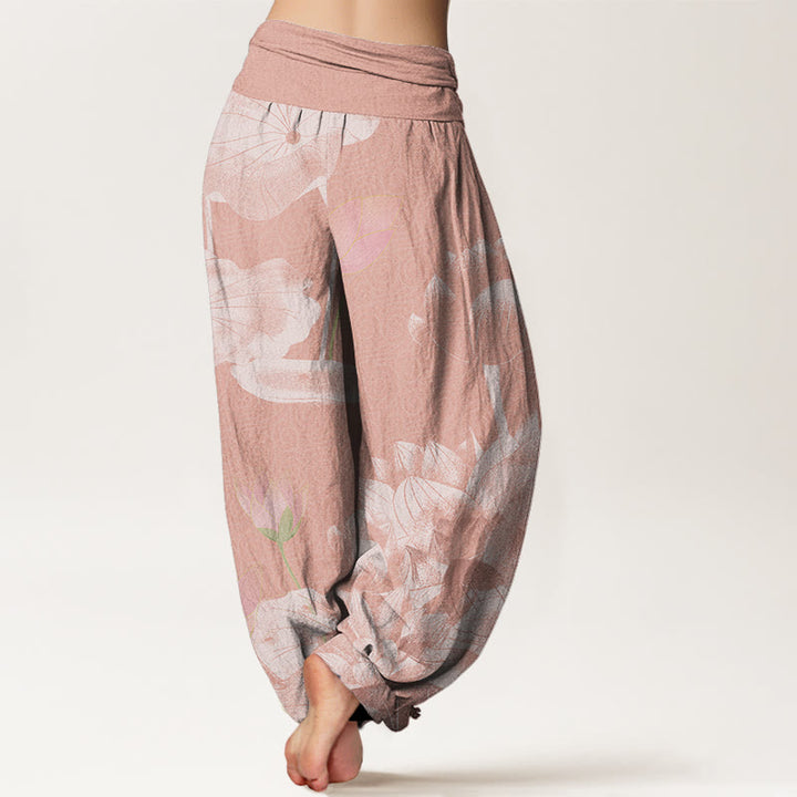 Pantaloni harem elastici in vita da donna con loto bianco e rosa Buddha Stones - image 2