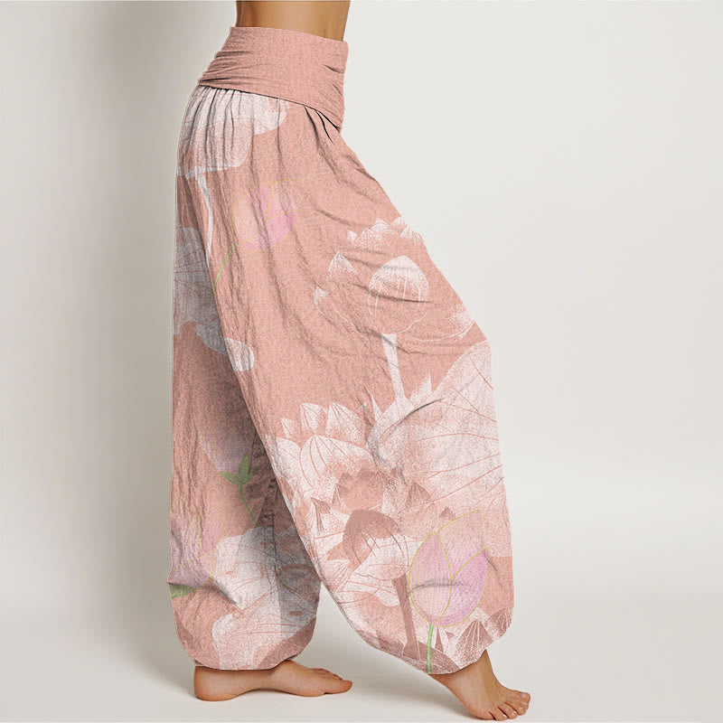 Pantaloni harem elastici in vita da donna con loto bianco e rosa Buddha Stones - image 3