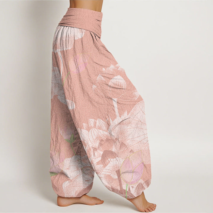 Pantaloni harem elastici in vita da donna con loto bianco e rosa Buddha Stones - image 3