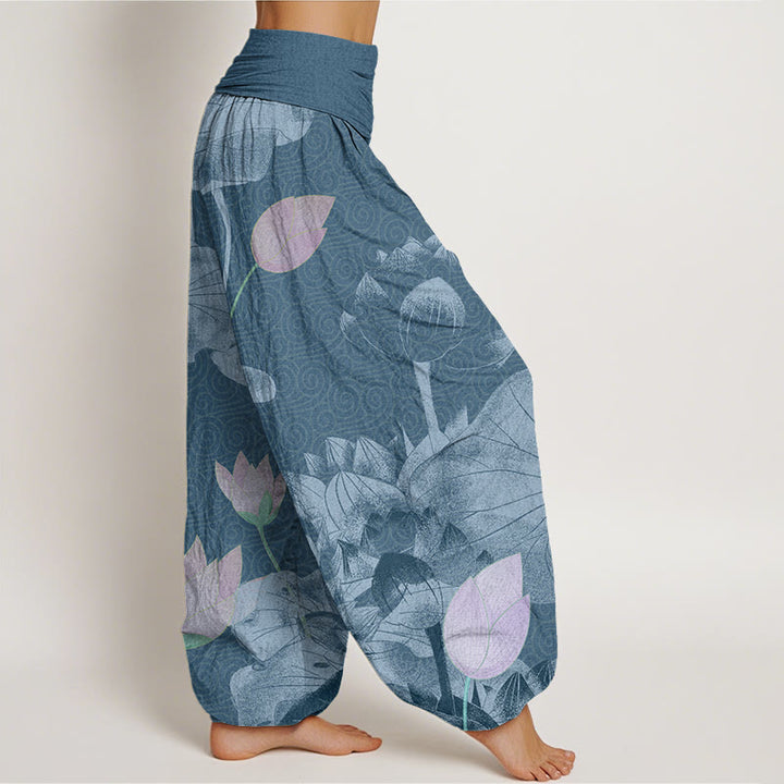 Pantaloni harem elastici in vita da donna con loto bianco e rosa Buddha Stones - image 7