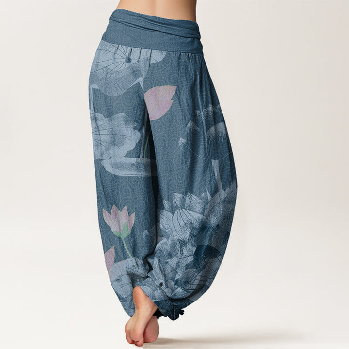 Pantaloni harem elastici in vita da donna con loto bianco e rosa Buddha Stones - image 6