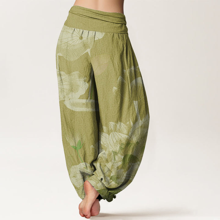 Pantaloni harem elastici in vita da donna con loto bianco e rosa Buddha Stones - image 9