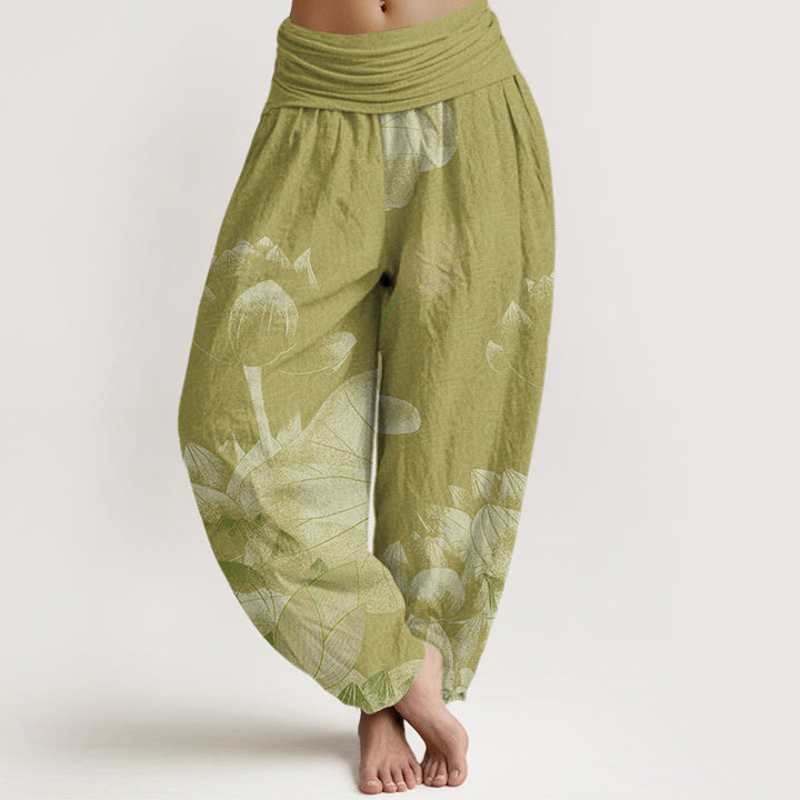 Pantaloni harem elastici in vita da donna con loto bianco e rosa Buddha Stones - DarkKhaki - US22, UK/AU26, EU54 (6XL) - image 8
