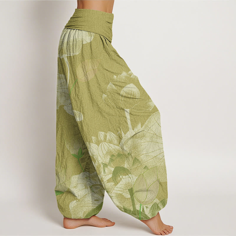 Pantaloni harem elastici in vita da donna con loto bianco e rosa Buddha Stones - image 10