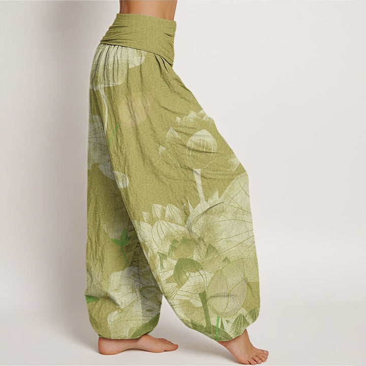 Pantaloni harem elastici in vita da donna con loto bianco e rosa Buddha Stones - image 10
