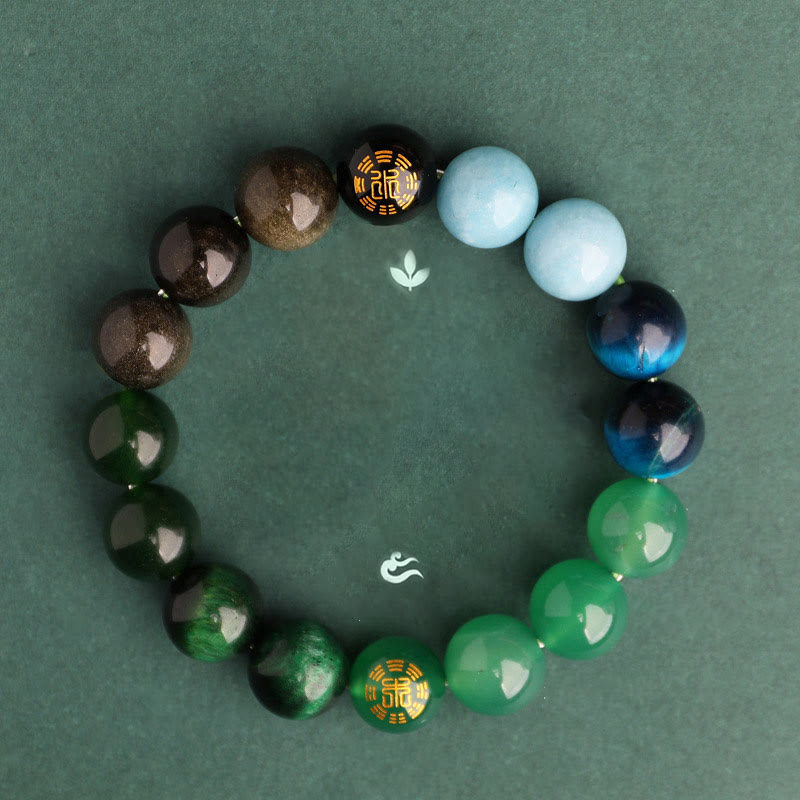 Buddha Stones Bracciale della saggezza con cinque elementi, vari cristalli di agata, onice nero, calcedonio verde, acquamarina - image 16