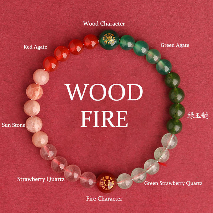 Buddha Stones Bracciale della saggezza con cinque elementi, vari cristalli di agata, onice nero, calcedonio verde, acquamarina - Fuoco di legna (circonferenza del polso: 14-16 cm) - 6 millimetri - image 45