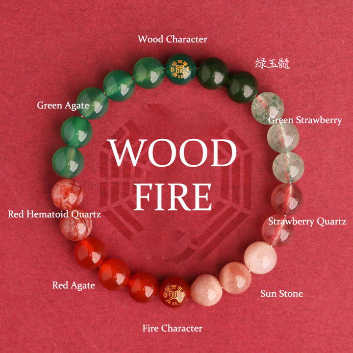 Buddha Stones Bracciale della saggezza con cinque elementi, vari cristalli di agata, onice nero, calcedonio verde, acquamarina - Fuoco di legna (circonferenza del polso: 14-16 cm) - 8 millimetri - image 47