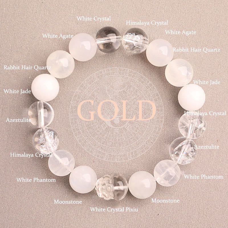 Buddha Stones Braccialetto portafortuna fantasma verde a cinque elementi con agata verde cristallo, quarzo fragola e agata muschiata. - Oro (circonferenza del polso: 14-16 cm) - 12 millimetri - image 39