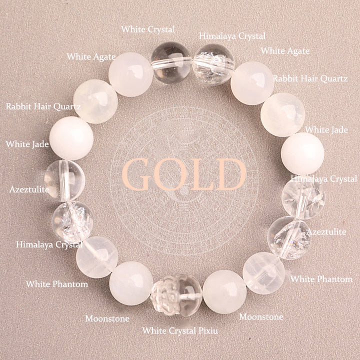 Buddha Stones Braccialetto portafortuna fantasma verde a cinque elementi con agata verde cristallo, quarzo fragola e agata muschiata. - Oro (circonferenza del polso: 14-16 cm) - 12 millimetri - image 39