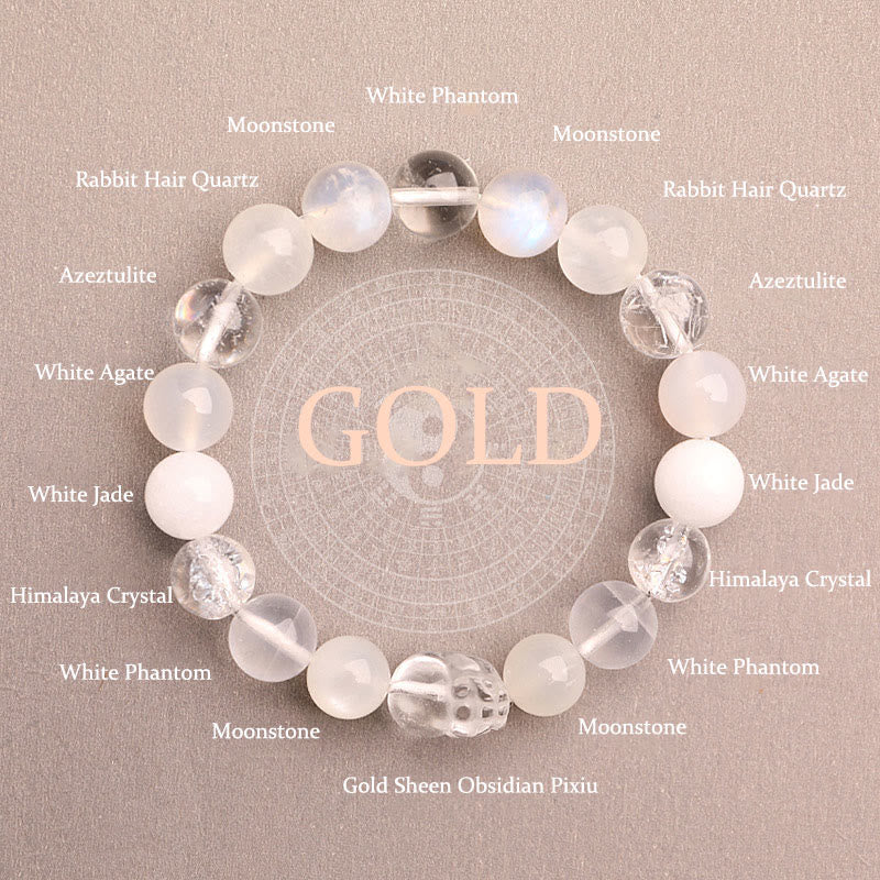 Buddha Stones Braccialetto portafortuna fantasma verde a cinque elementi con agata verde cristallo, quarzo fragola e agata muschiata. - Oro (circonferenza del polso: 14-16 cm) - 10 millimetri - image 41