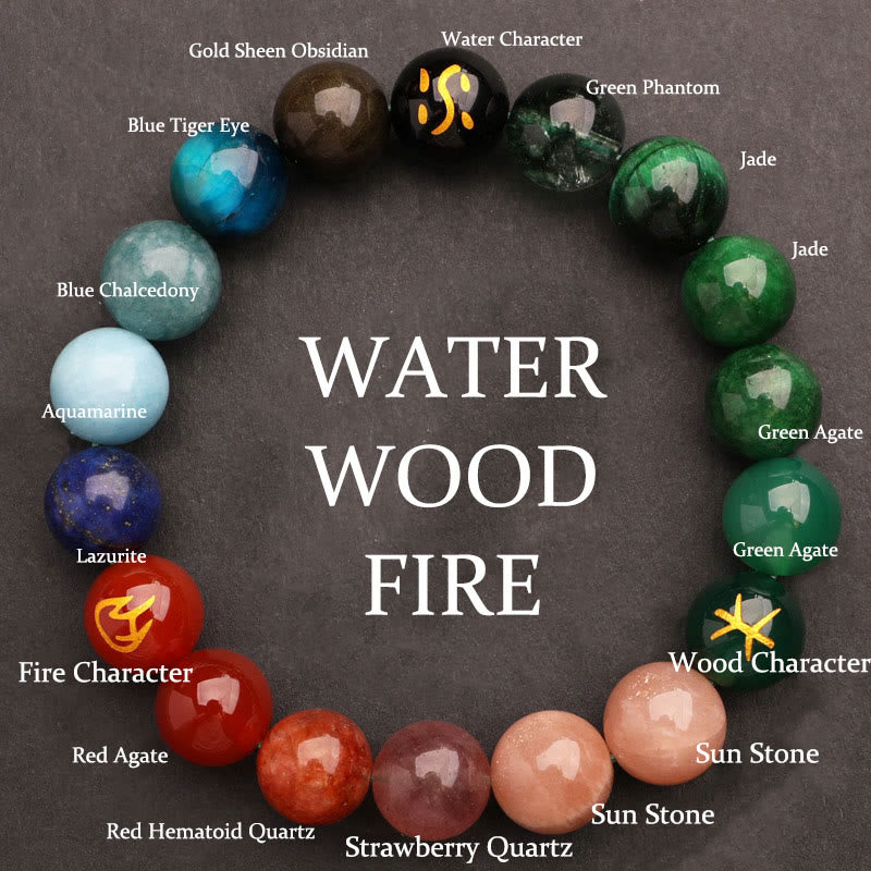 Buddha Stones Cinque Elementi Vari Agata Cristallo Verde Fragola Quarzo Pietra del Sole Bracciale Ricchezza - Acqua Fuoco Legna (Circonferenza polso: 14-16 cm) - 12 millimetri - image 41