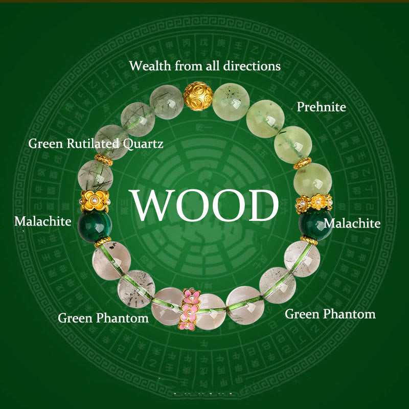 Buddha Stones Cinque Elementi Vari Agata Cristallo Verde Fantasma Quarzo Rutilato Uva Verde Agata Malachite Braccialetto della Fortuna - Legno (circonferenza del polso: 14-16 cm) - image 0