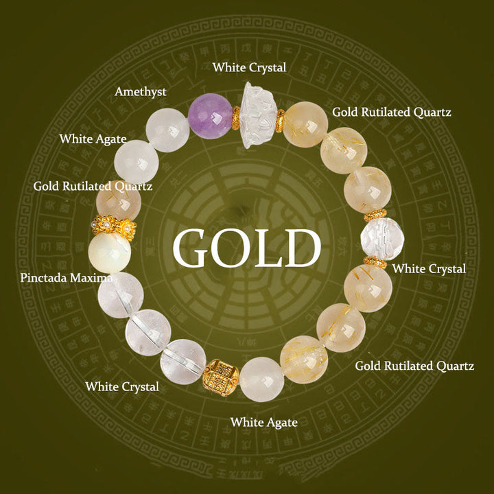 Buddha Stones Cinque Elementi Vari Agata Cristallo Verde Fantasma Quarzo Rutilato Uva Verde Agata Malachite Braccialetto della Fortuna - Oro (circonferenza del polso: 14-16 cm) - image 10