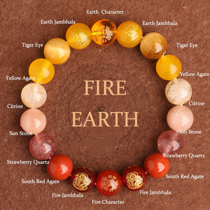 Buddha Stones Cinque Elementi Vari Agata Cristallo Agata Rossa del Sud Quarzo Fragola Pietra del Sole Citrino Braccialetto della Fortuna - Fuoco Terra (Circonferenza del polso: 14-16 cm) - 12 mm - image 0