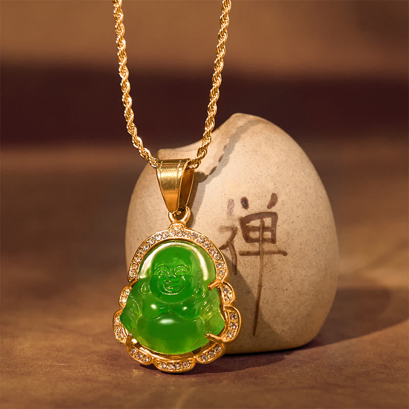 Collana con ciondolo a forma di Buddha in giada con Buddha che ride, riempita in oro 18 carati, Buddha Stones - image 4