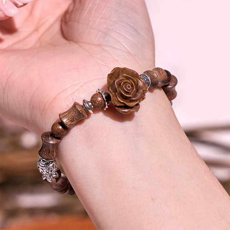 Braccialetto curativo con motivo di sandalo e bambù, motivo camelia , Buddha Stones