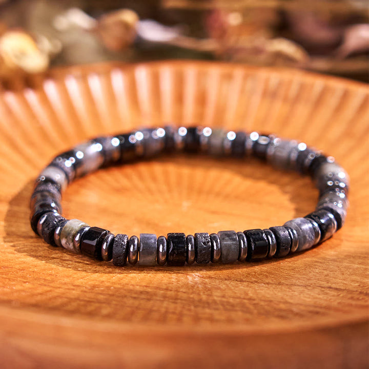 Braccialetto di supporto in Buddha Stones, ematite, turchese, lazurite, lapislazzuli, pietra lavica, glitter nero - Pietra lavica nera glitterata ematite da 6 mm (circonferenza polso: 14-16 cm) - image 13