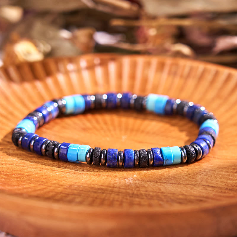 Braccialetto di supporto in Buddha Stones, ematite, turchese, lazurite, lapislazzuli, pietra lavica, glitter nero - Ematite turchese lazurite da 6 mm (circonferenza polso: 14-16 cm) - image 0