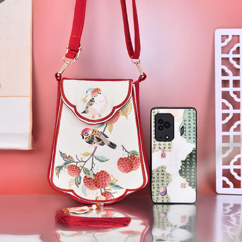 Borsa a tracolla con nappa e ricamo di lychee con Buddha Stones, borsa a tracolla