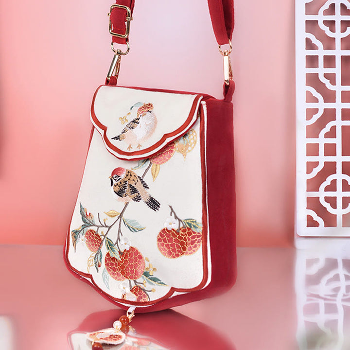 Borsa a tracolla con nappa e ricamo di lychee con Buddha Stones, borsa a tracolla