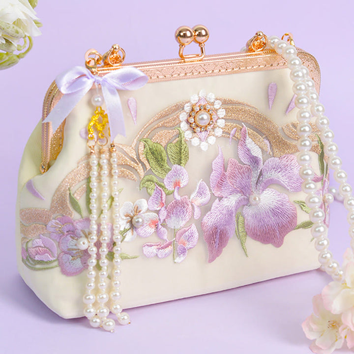 Buddha Stones Fiori Ricamato Nappa Pendente Perla Catena Metallo Borsa A Tracolla Borse