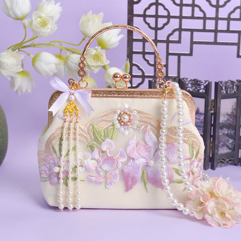 Buddha Stones Fiori Ricamato Nappa Pendente Perla Catena Metallo Borsa A Tracolla Borse