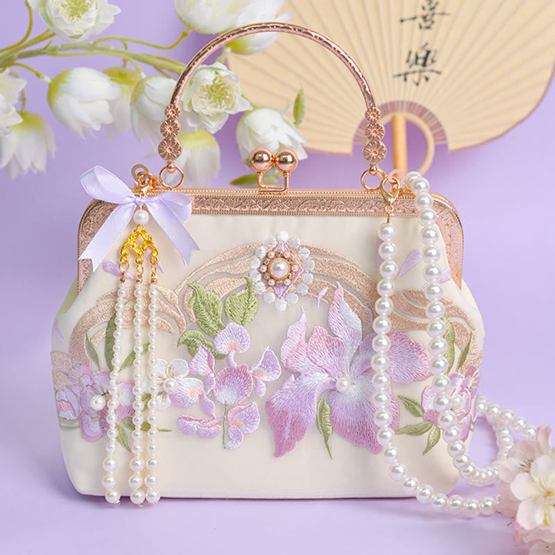 Buddha Stones Fiori Ricamato Nappa Pendente Perla Catena Metallo Borsa A Tracolla Borse