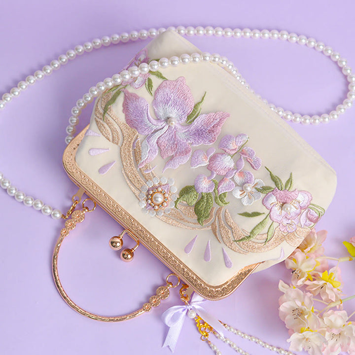 Buddha Stones Fiori Ricamato Nappa Pendente Perla Catena Metallo Borsa A Tracolla Borse