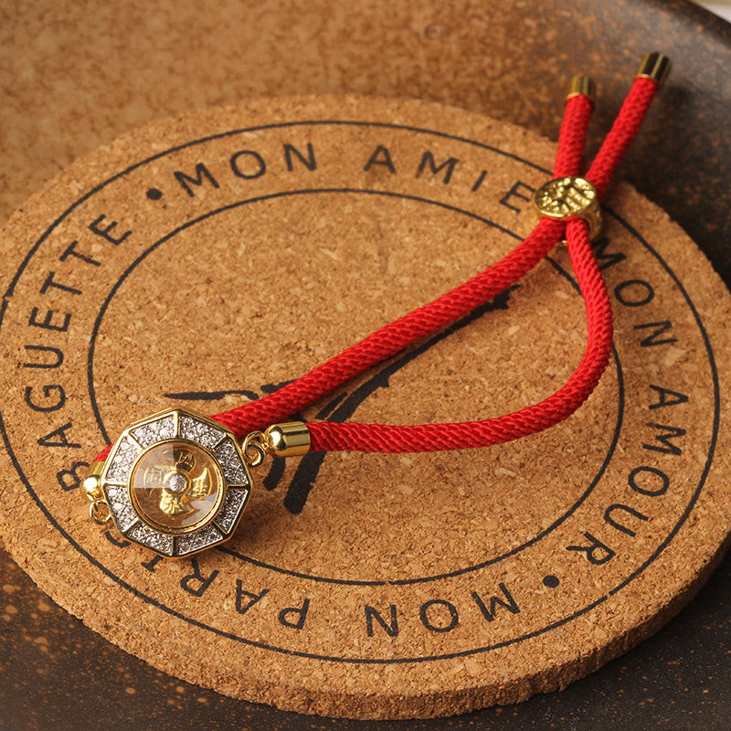 Buddha Stones Rame Ottone Mulino a vento girevole Feng Sheng Shui Qi Braccialetto intrecciato con corda rossa Fede
