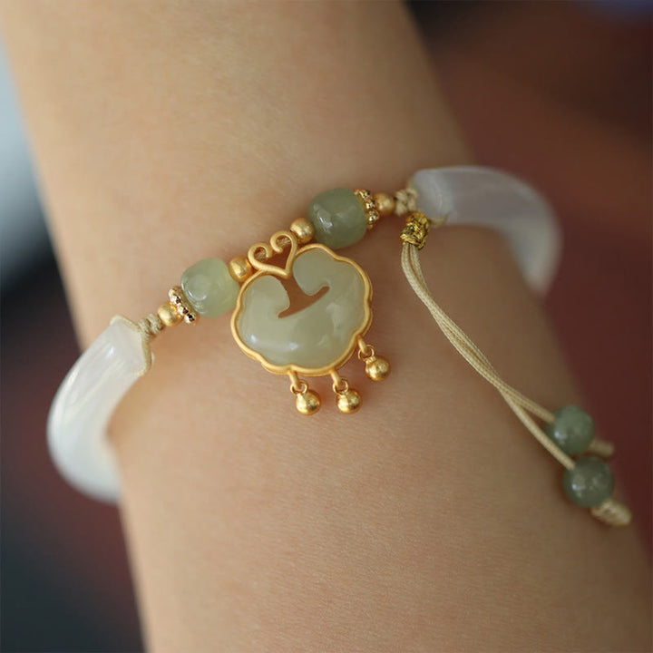 Buddha Stones Calcedonio Giada Hetian Argento Sterling 925 Nuvola di Buon Auspicio Ruyi Lock Harmony Braccialetto Mezza Bracciale