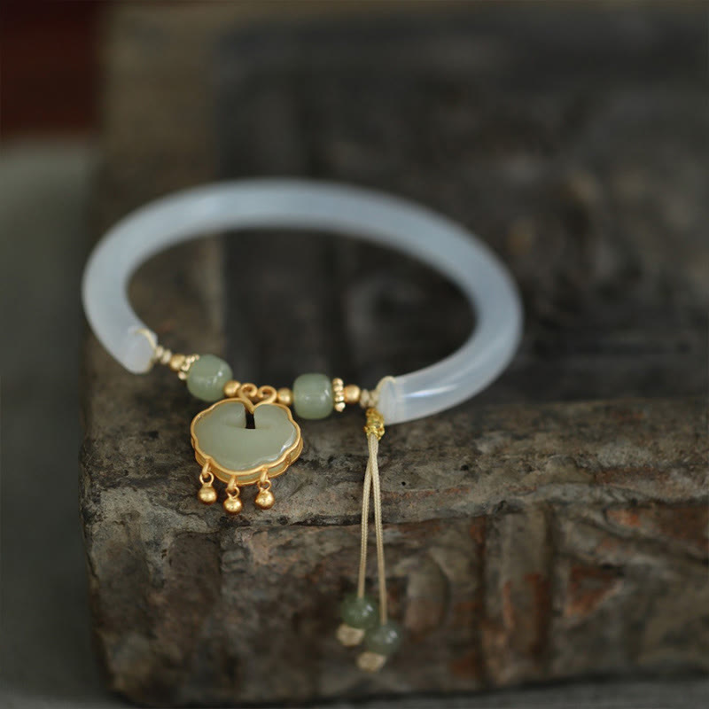 Buddha Stones Calcedonio Giada Hetian Argento Sterling 925 Nuvola di Buon Auspicio Ruyi Lock Harmony Braccialetto Mezza Bracciale