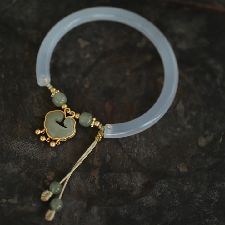Buddha Stones Calcedonio Giada Hetian Argento Sterling 925 Nuvola di Buon Auspicio Ruyi Lock Harmony Braccialetto Mezza Bracciale
