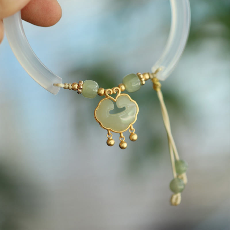 Buddha Stones Calcedonio Giada Hetian Argento Sterling 925 Nuvola di Buon Auspicio Ruyi Lock Harmony Braccialetto Mezza Bracciale