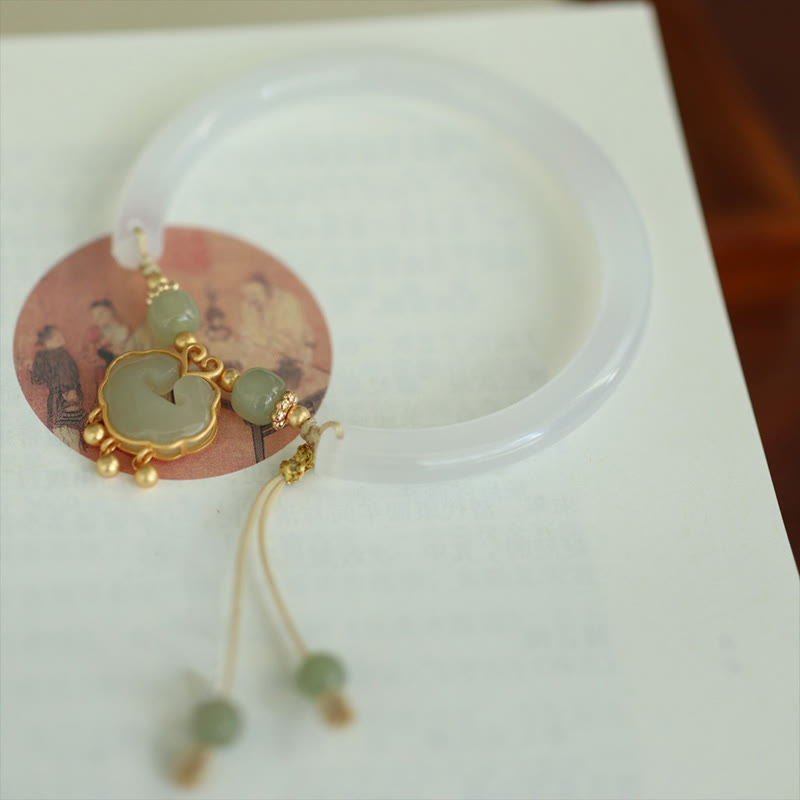 Buddha Stones Calcedonio Giada Hetian Argento Sterling 925 Nuvola di Buon Auspicio Ruyi Lock Harmony Braccialetto Mezza Bracciale