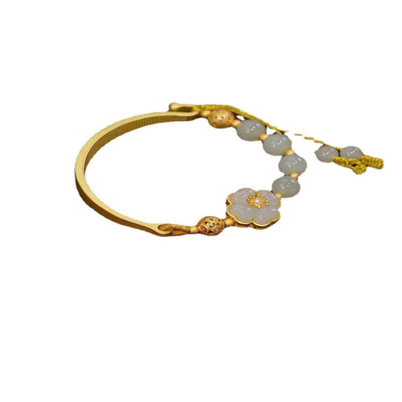 Buddha Stones Braccialetto a metà polsino con fiore in argento sterling 925 con giada Hetian