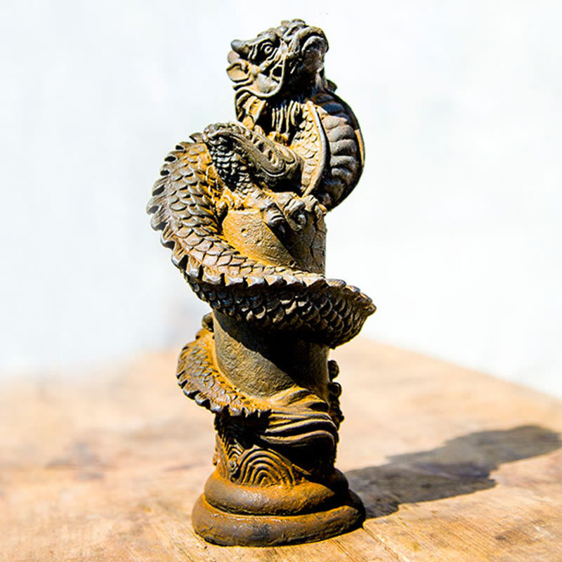 Buddha Stones fatto a mano drago volante intorno al pilastro polvere di ferro ruggine statua in resina decorazione per la casa - image 3