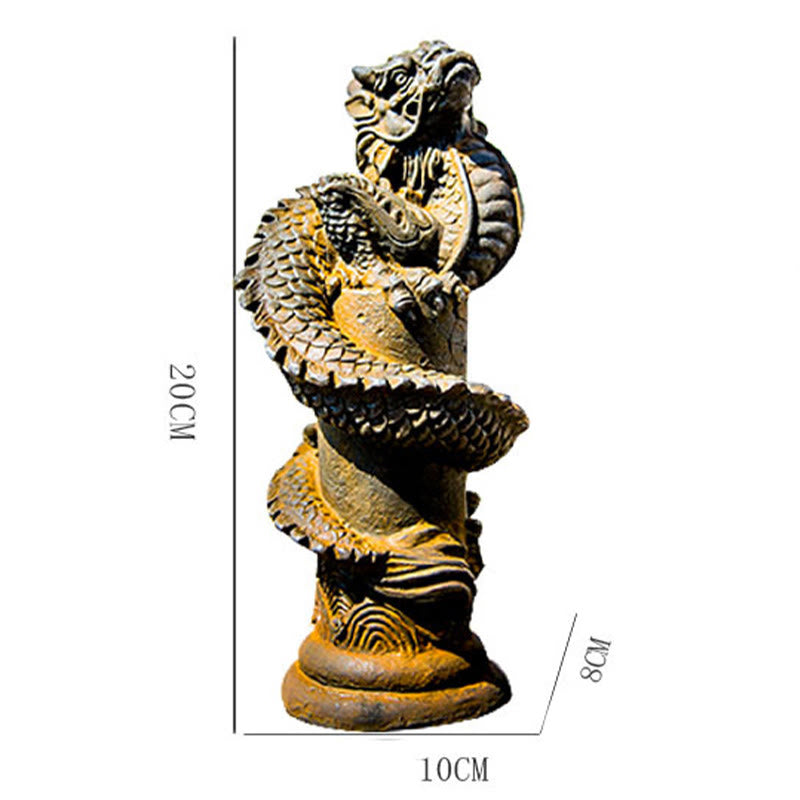 Buddha Stones fatto a mano drago volante intorno al pilastro polvere di ferro ruggine statua in resina decorazione per la casa