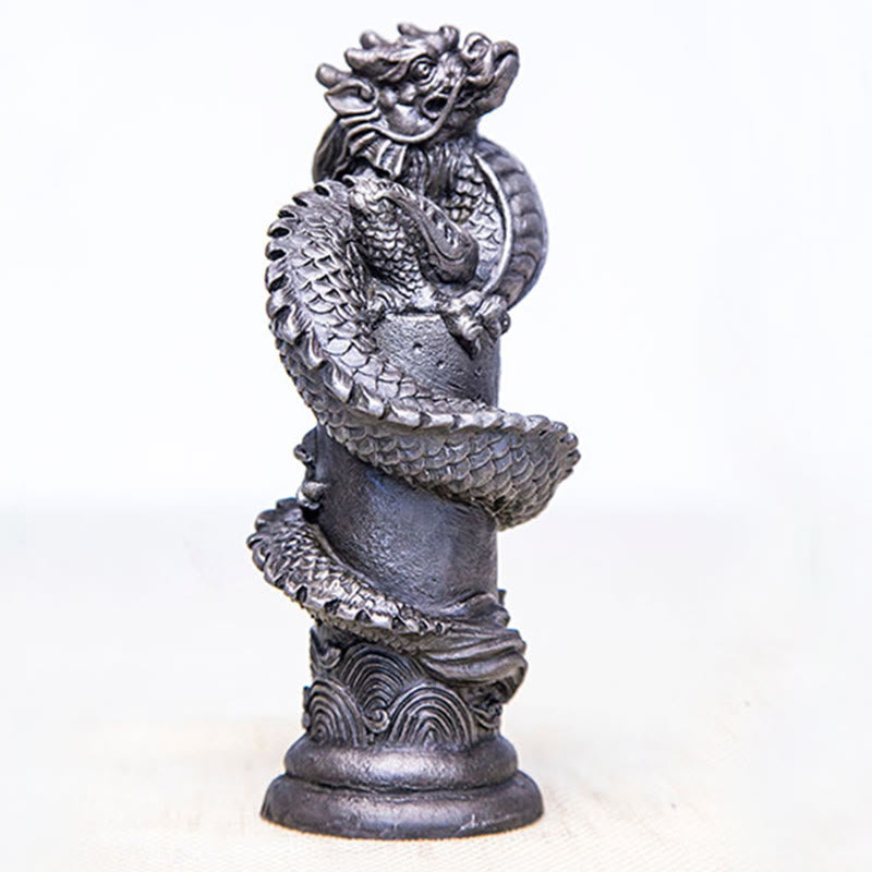 Buddha Stones fatto a mano drago volante intorno al pilastro polvere di ferro ruggine statua in resina decorazione per la casa