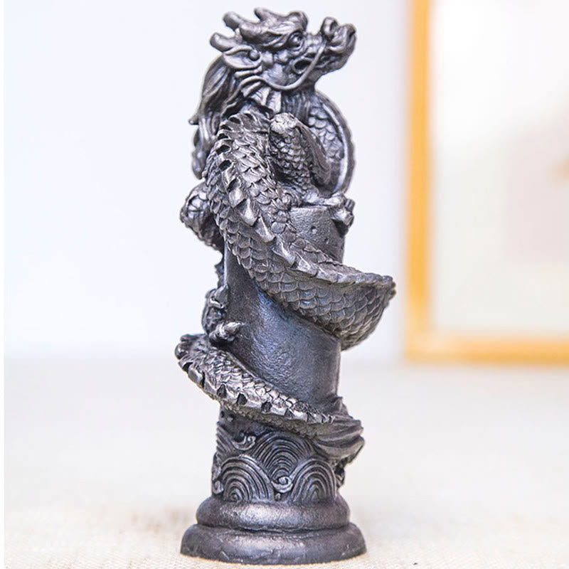 Buddha Stones fatto a mano drago volante intorno al pilastro polvere di ferro ruggine statua in resina decorazione per la casa