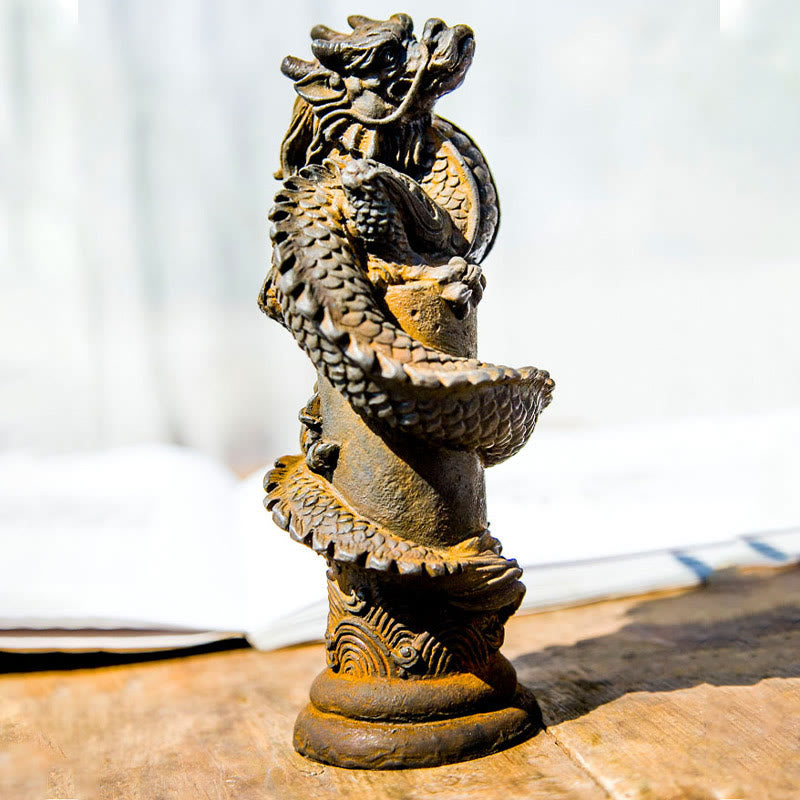 Buddha Stones fatto a mano drago volante intorno al pilastro polvere di ferro ruggine statua in resina decorazione per la casa