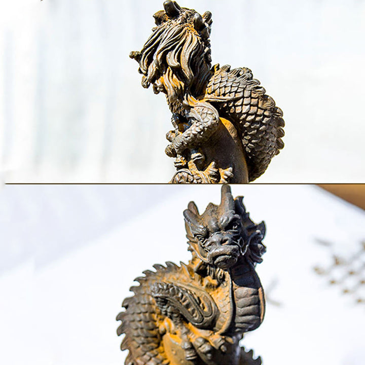 Buddha Stones fatto a mano drago volante intorno al pilastro polvere di ferro ruggine statua in resina decorazione per la casa