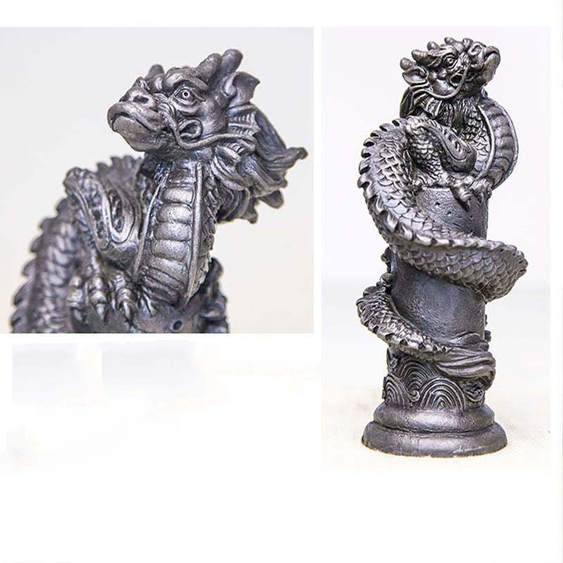 Buddha Stones fatto a mano drago volante intorno al pilastro polvere di ferro ruggine statua in resina decorazione per la casa