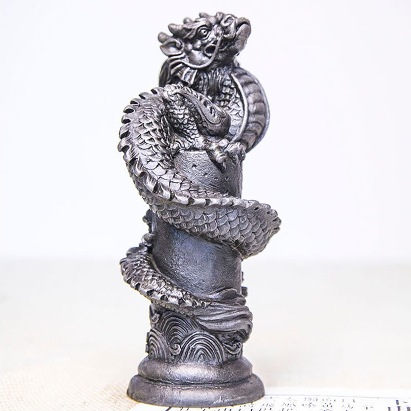 Buddha Stones fatto a mano drago volante intorno al pilastro polvere di ferro ruggine statua in resina decorazione per la casa
