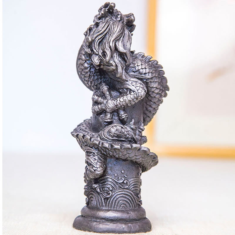 Buddha Stones fatto a mano drago volante intorno al pilastro polvere di ferro ruggine statua in resina decorazione per la casa