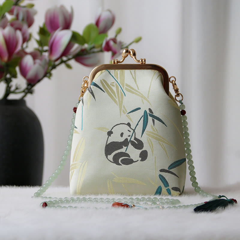 Borsa a tracolla con catena di perle e ricamo cinese retrò Buddha Stones - Bambù Panda verde pallido 14*6*18cm - image 7