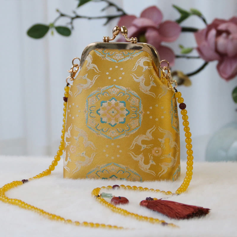 Borsa a tracolla con catena di perle e ricamo cinese retrò Buddha Stones - Fiore di cervo dorato 14*6*18cm - image 9