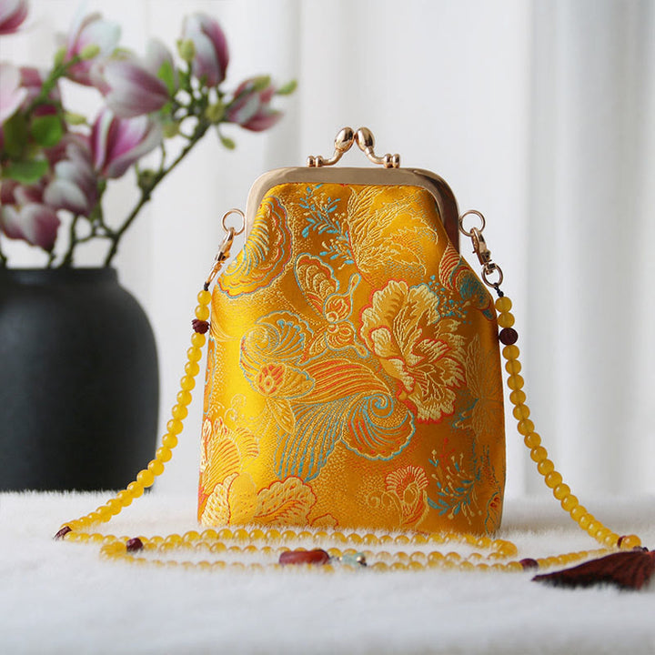 Borsa a tracolla con catena di perle e ricamo cinese retrò Buddha Stones - Fiore d'oro 14*6*18cm - image 21