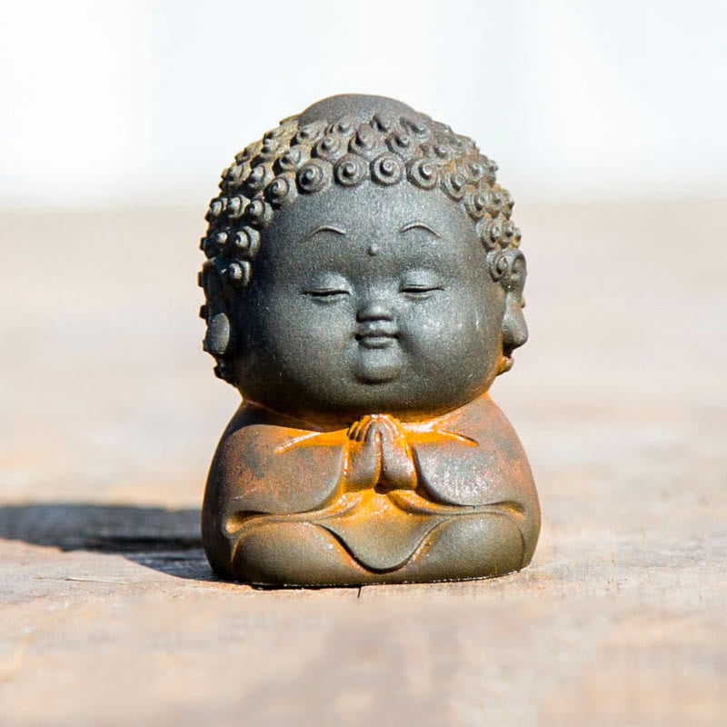 Buddha Stones Piccolo In Piedi Sdraiato Seduto Carino Buddha Polvere di Ferro Ruggine Statua in Resina Decorazione per la Casa