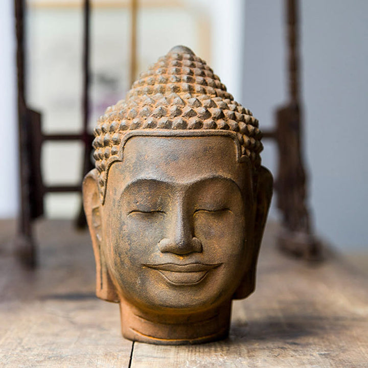 Buddha Stones Occhi Chiusi Contemplazione Meditazione Testa del Buddha Polvere di Ferro Ruggine Statua in Resina Decorazione per la Casa